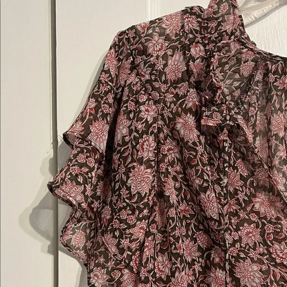 Anthropologie Floral Brown Blouse with Flutter Sleeves Size XL - Picture 3 of 8